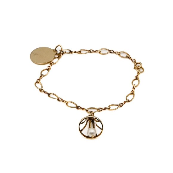 Vintage 9K Yellow Gold Charm Bracelet With Two Charms Size 7.3 Inches - Picture 1 of 2